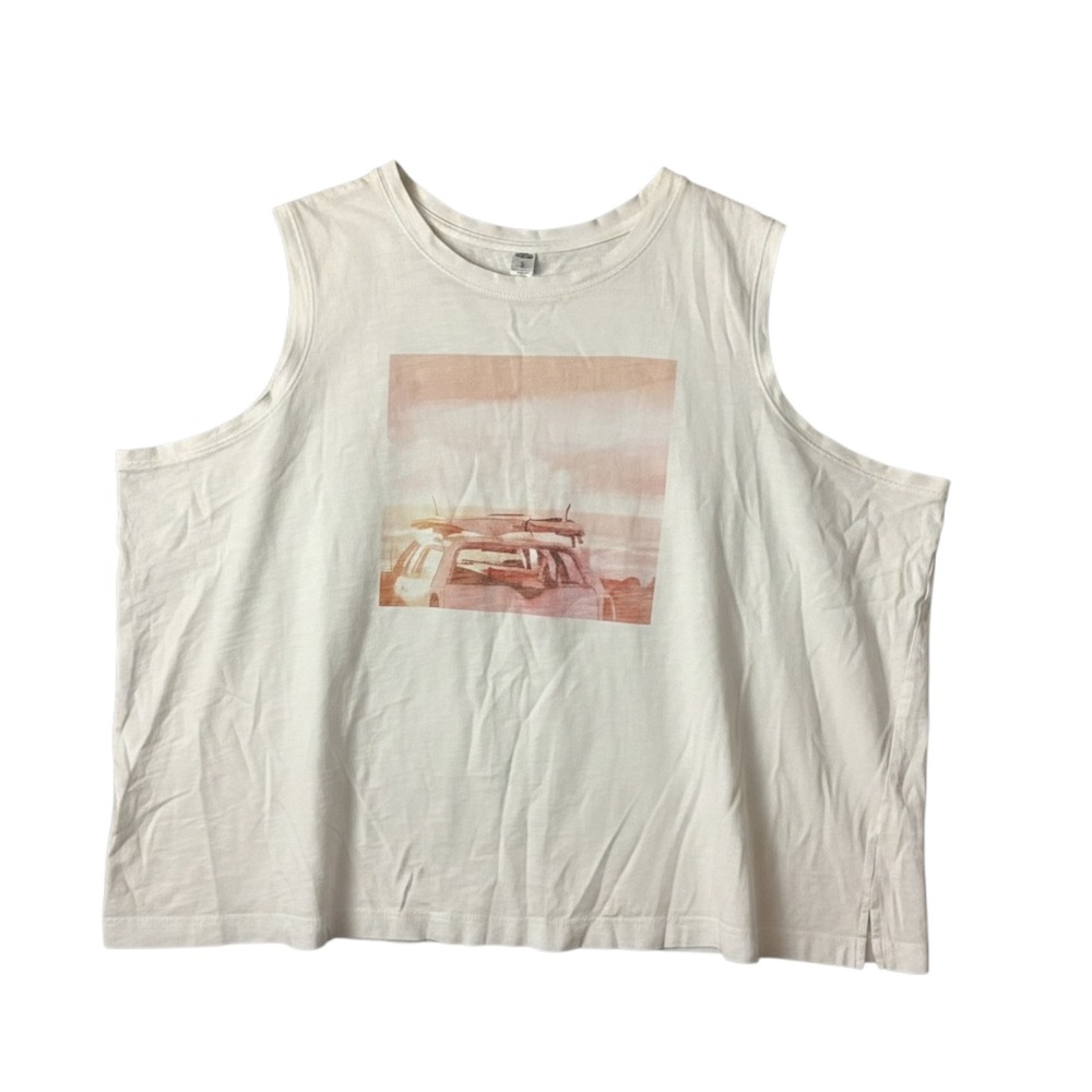 Old Navy Tank Top Women 4X White Surf Graphic Sleeveless Beach Summer